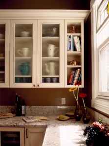 kitchen design, glass fronted cabinets, open shelf