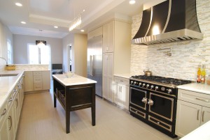 traditional kitchen, la cornue stove, white cabinets, tile backsplash